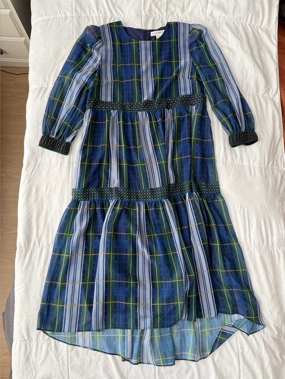 Gretchen Scott Tartan Plaid Tiered Midi Dress XL Chiffon Preppy Cottage Prairie